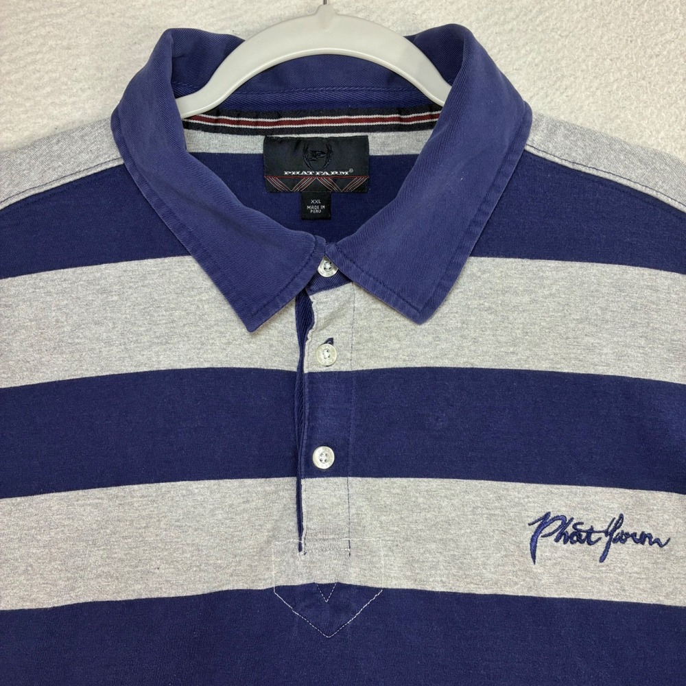 Y2K Phat Farm Rugby Shirt Men 2XL Blue Gray Striped Long Sleeve Polo Vintage